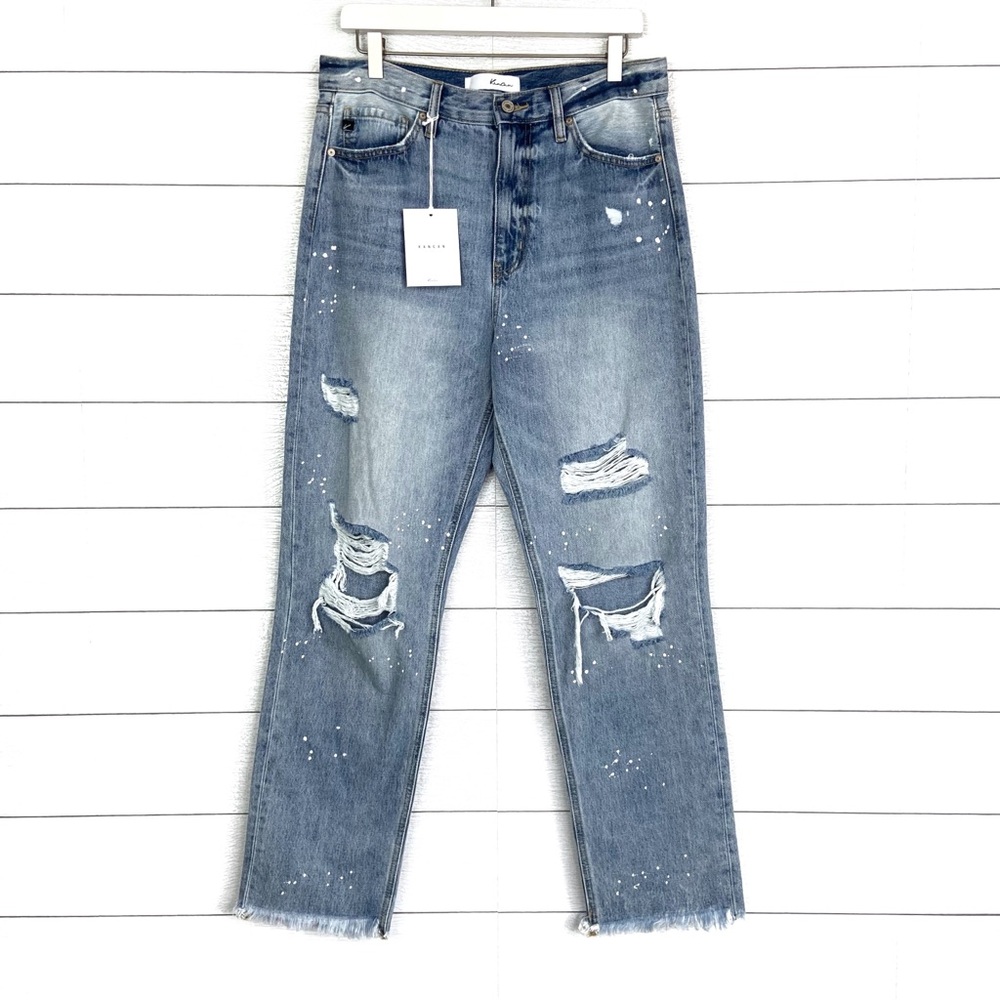 NWT KANCAN High Rise Slim Straight Leg Jeans Paint Distressed Rip Knee 28 New